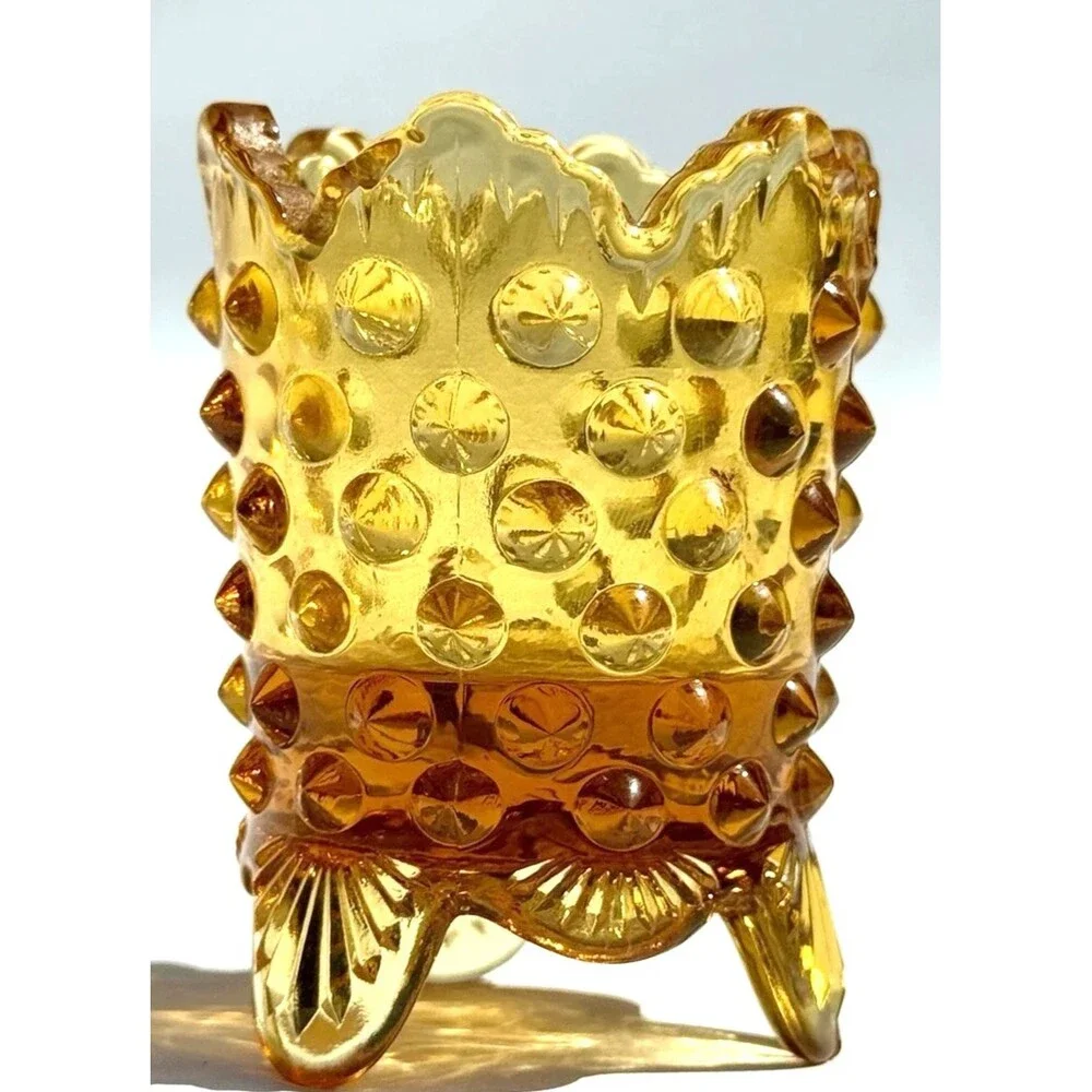 Fenton Vintage Amber Hobnail Glass Toothpick Match Holder– Footed